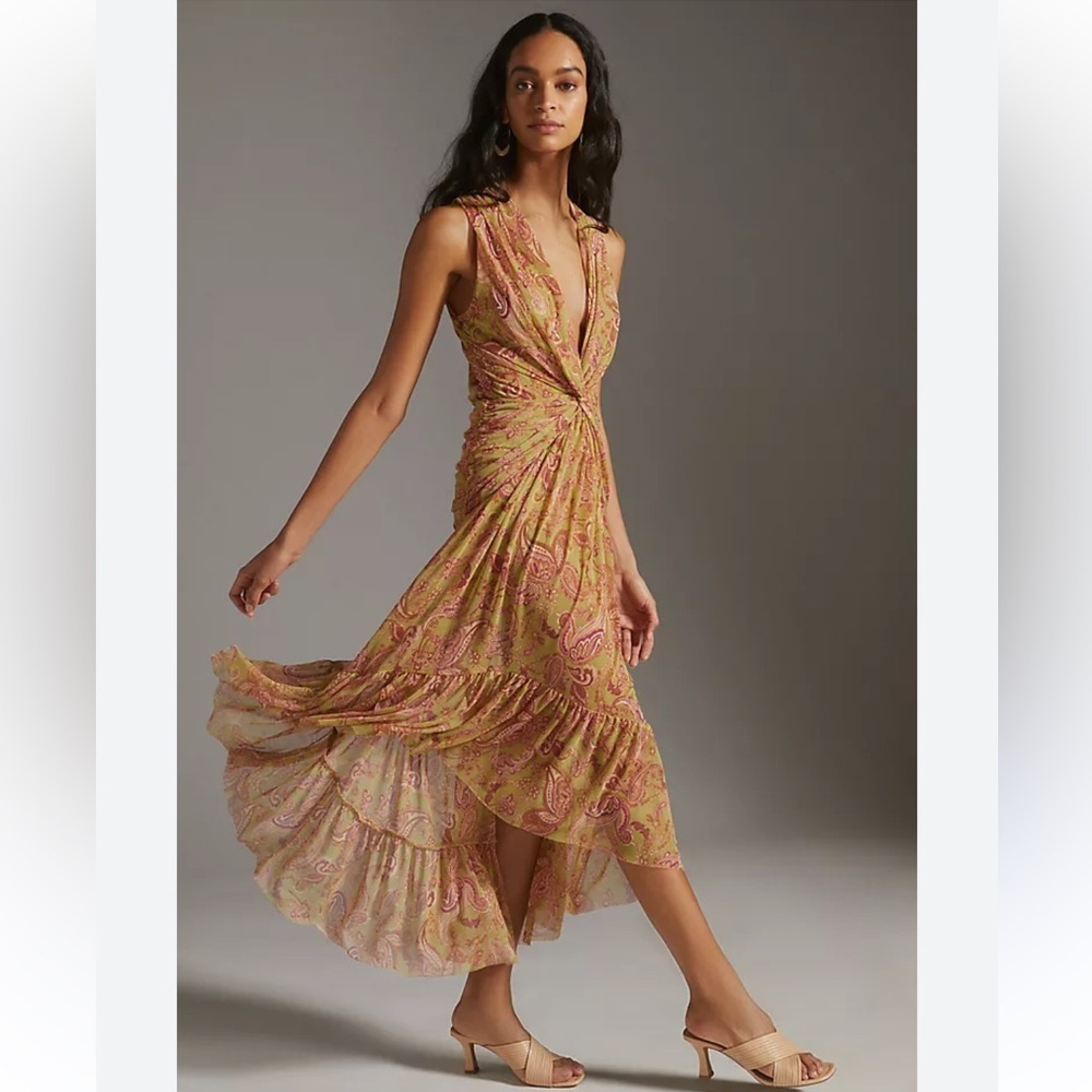 Misa Los Angeles Ava Floral Pink and green paisley gathered ruched stretch Dress